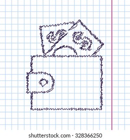 Vector hand drawn sketch purse icon on copybook. Doodle style 