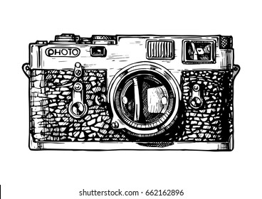 Vector hand drawn sketch of rangefinder camera in vintage engraved style on white background