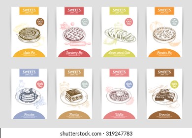 Vector hand drawn sketch restaurant desserts banners set. Sweets. Retro illustration.