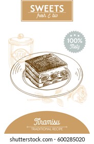 Vector hand drawn sketch restaurant desserts card. Sweets poster. Retro illustration.