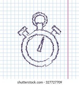Vector hand drawn sketch retro stopwatch icon on copybook. Doodle style 