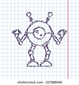 Vector hand drawn sketch retro robot toy icon on copybook. Doodle style 