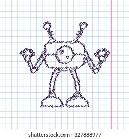 Vector hand drawn sketch retro robot toy icon on copybook. Doodle style 