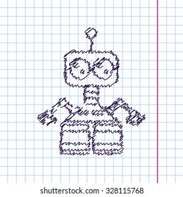 Vector hand drawn sketch retro robot toy icon on copybook. Doodle style 