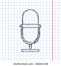 Vector hand drawn sketch retro microphone icon on copybook. Doodle style 
