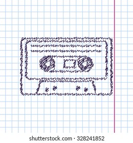 Vector hand drawn sketch retro cassette icon on copybook. Doodle style 