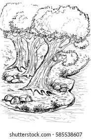 Vector hand drawn sketch river and nature