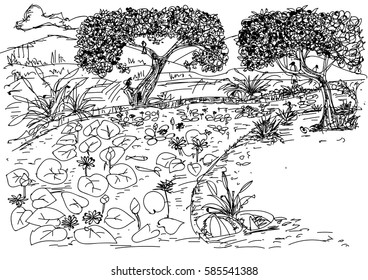 Vector hand drawn sketch river and nature