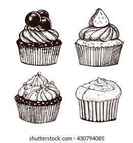 Vector hand drawn sketch set of cupcakes. Can be used for design greeting cards, menu.