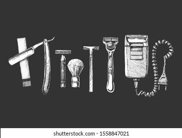 Vector hand drawn sketch of shaving accessories evolution set in ink hand drawn style.  Straight razor, double-edge Safety and shaving brush, disposable, modern, Electric razors. 