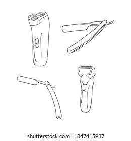 Vector hand drawn sketch of shaving accessories set in ink hand drawn style. razor vector sketch illustration