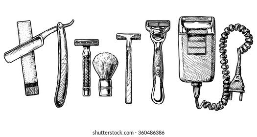 Vector hand drawn sketch of shaving accessories set in ink hand drawn style. 
