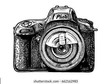 Vector hand drawn sketch of SLR photo camera in vintage engraved style on white background.
