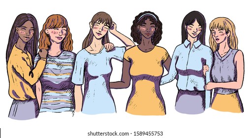 Vector hand drawn sketch. Smiling womens of different races. Happy women or girls standing together. Group of female friends, union of feminists, sisterhood. Colored cartoon drawing isolated on white.
