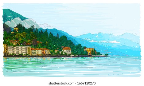 Vektorillustration handgezeichnet Skizze Stil bunt Illustration der italienischen Comer Seenlandschaft. Romantischer Hintergrund für Einladungen, Banner und Karten.