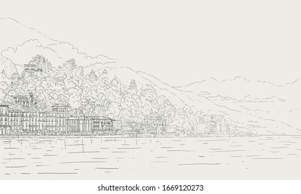 Vector hand drawn sketch style outline illustration of italian Como lake landscape. Romantic background for invitations, banners and cards.