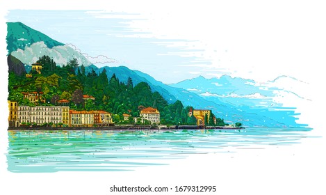 Vector hand drawn sketch style colorful illustration of italian Como lake landscape. Romantic background for invitations, banners and cards.