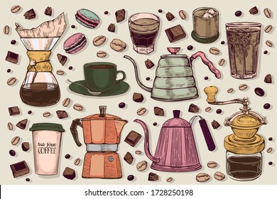 Vector hand drawn sketch style vintage coffee makers set.Different coffee mugs, pots and coffee makers, glasses on with macaroons, coffee beans and chocolate slice.Warm  pastel colors