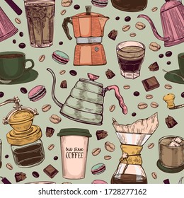 Vector hand drawn sketch style coffee makers patten.Different kinds of coffee mugs, pots and coffee makers, glasses with macaroons, coffee beans and chocolate.Colorful, warm colors