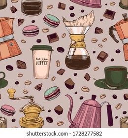 Vector hand drawn sketch style coffee makers patten.Different kinds of coffee mugs, pots and coffee makers, glasses with macaroons, coffee beans and chocolate.Colorful, warm colors