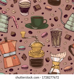 Dibujo a mano vectorial estilo cafetera patten.Diferentes tipos de tazas de café, macetas y cafeteras, vasos con macarons, granos de café y chocolate.Colores coloridos y cálidos