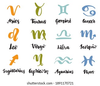 Vector hand drawn  sketch style astrology illustrations of the 12 zodiac signs set. Simple and minimalistic lettering calligraphy.