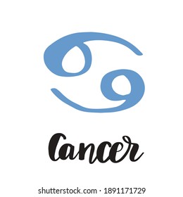Vector hand drawn in sketch style astrology illustrations of the zodiac sign Cancer. Simple and minimalistic lettering calligraphy.