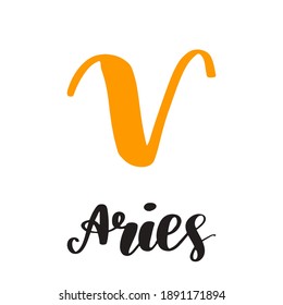 Vector hand drawn in sketch style astrology illustrations of the zodiac sign Aries. Simple and minimalistic lettering calligraphy.