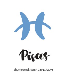 Vector hand drawn in sketch style astrology illustrations of the zodiac sign Pisces. Simple and minimalistic lettering calligraphy.