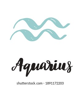 Vector hand drawn in sketch style astrology illustrations of the zodiac sign Aquarius. Simple and minimalistic lettering calligraphy.