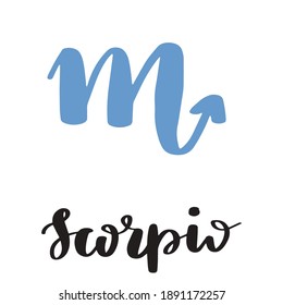 Vector hand drawn in sketch style astrology illustrations of the zodiac sign Scorpio. Simple and minimalistic lettering calligraphy.