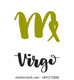 Vector hand drawn in sketch style astrology illustrations of the zodiac sign Virgo. Simple and minimalistic lettering calligraphy.