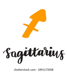 Vector hand drawn in sketch style astrology illustrations of the zodiac sign Saggitatius. Simple and minimalistic lettering calligraphy.