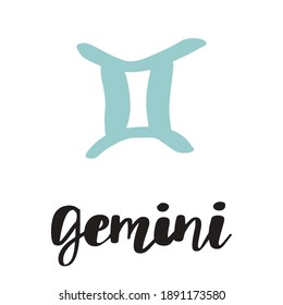 Vector hand drawn in sketch style astrology illustrations of the zodiac sign Gemini. Simple and minimalistic lettering calligraphy.