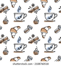 Vector hand drawn sketch style tea or coffee pattern. Cup, spices and coffee beans, macaroons, cake, croissant. Vector illustration
