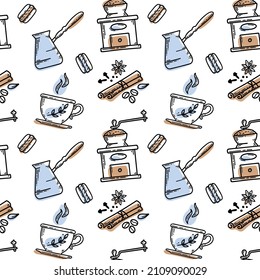 Vector hand drawn sketch style coffee seamless pattern. Cups of coffee, spices and coffee beans, macaroons, cezve, coffee grinder. Vector illustration