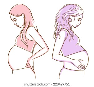 Vector hand drawn sketch style illustration of two pregnant young women. Profile portraits of Asian and Latina long haired ladies touching belly by hands