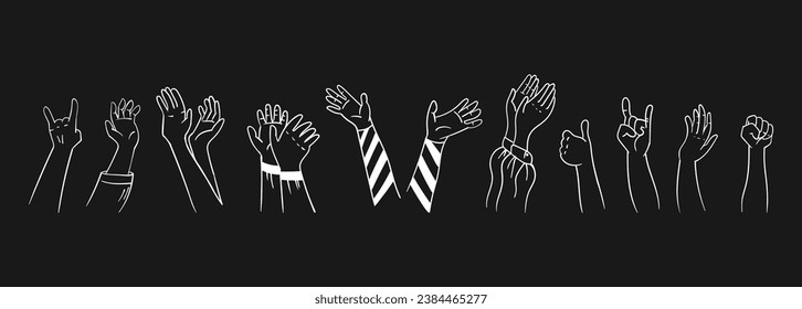 Vector hand drawn sketch style illustration greeting and waving isolated on black background. Crowd, party, sale concept. For advertising, packaging.