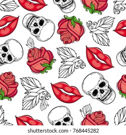 vector hand drawn sketch style vintage rose red wild flower with stem and blooming blossom, skull and monochrome leaves seamless pattern. Isolated illustration on a white background.
