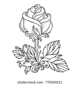 vector hand drawn sketch style elegant vintage rose wild flower with stem, leaves and blooming blossom black and white silhouette monochrome. Isolated illustration on a white background.