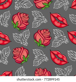 vector hand drawn sketch style vintage rose red wild flower with stem, leaves and blooming blossom, monochrome leaves and red woman lips seamless pattern. Isolated illustration on a white background.