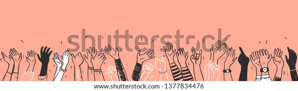 Vector hand drawn sketch style illustration\
with black colored human hands different skin colors greeting\
& waving isolated on light background. Crowd, party, sale\
concept. For advertising,\
packaging.
