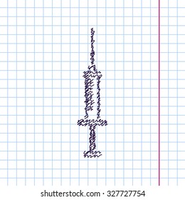 Vector hand drawn sketch syringe icon on copybook. Doodle style 