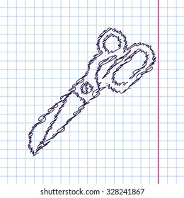 Vector hand drawn sketch tailor scissors icon on copybook. Doodle style 