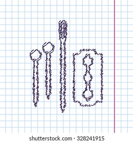 Vector hand drawn sketch tailor pins needle blade icon on copybook. Doodle style 