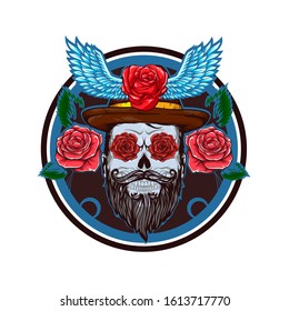 Vector hand drawn sketch of tattoo with skull, beard, roses and hat, vector illustration isolated on white background