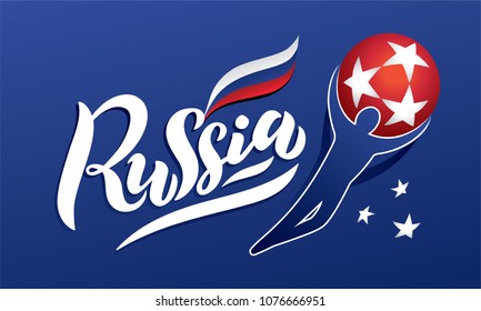 Vector hand drawn sketch of the text
"Russia" with russian tricolor flag isolated and abstract silhouette with white stars in red globe. Isolated on blue background. 