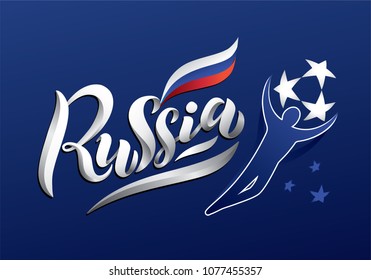 Vector hand drawn sketch of the text
"Russia" with russian tricolor flag isolated and abstract silhouette with white stars in the man hands. Isolated on white background. 