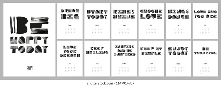 Vector hand drawn sketch text calendar 2019. Be Happy Today.