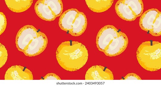 Esbozo dibujado a mano con vectores impresión de manzana texturizada. Patrón sin foco con manzanas amarillas y rebanadas de manzanas en un fondo rojo. La forma creativa del verano da frutos. Diseño para tela, moda